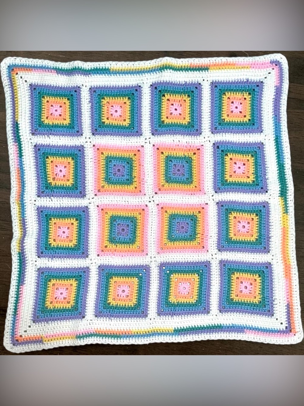 Vintage Handmade Granny Square Crochet Afghan Blanket Multicolor White 35.5”